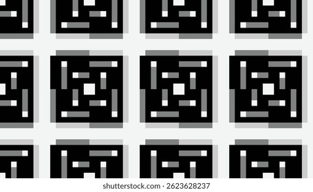 Abstract geometric square pattern with white and gray lines inside black blocks on light gray background