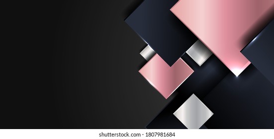 Resumen de forma cuadrada geométrica brillante de color rosa dorado, plateado, azul oscuro superpuesto con sombra sobre fondo negro. Estilo de lujo. Ilustración del vector