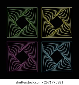 Padrão De Espiral Quadrado Geométrico Abstrato Em Cores Vibrantes. Ilustração Moderna De Vetor Com Quadrados De Linha Rotativa Em Verde, Amarelo, Roxo E Azul No Plano De Fundo Preto. Óptica Futurista.