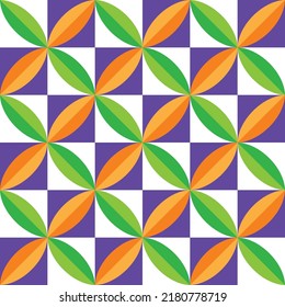 Abstract Geometric Squares Leaves Retro Cross Style Moroccan Seamless Pattern Trendy Fashion Colors Perfect for Allover Fabric Print or Wrapping Paper Electric Purple Green Orange Tones