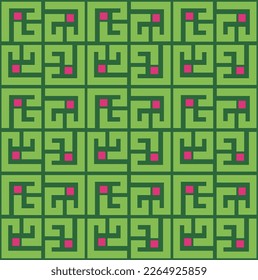 Abstract Geometric Squares Lines Art Deco Minimal Labyrinth Vector Pattern Trendy Fashion Colors Perfect for Allover Fabric Print or Wrapping Paper Green Fuchsia Tones