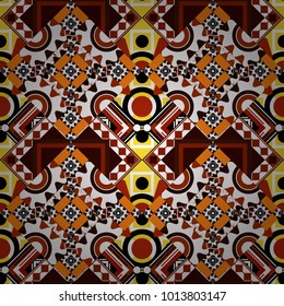 Abstract geometric squares with round symmetry. Vector seamless pattern with rhombus and tiles. Vintage decorative repainting art with ethnic motifs in white, brown and red colors.