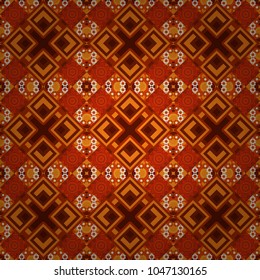 Abstract geometric squares with round symmetry. Vector seamless pattern with rhombus and tiles. Vintage decorative repainting art with ethnic motifs in red, neutral and orange colors.