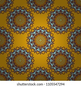 Abstract geometric squares with round symmetry. Vector seamless pattern with rhombus and tiles. Vintage decorative repainting art with ethnic motifs in green, brown and blue colors.