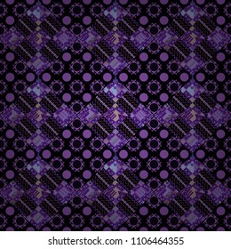 Abstract geometric squares with round symmetry. Vector seamless pattern with rhombus and tiles. Vintage decorative repainting art with ethnic motifs in violet, purple and black colors.