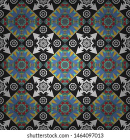 Abstract geometric squares with round symmetry. Vintage decorative repainting art with ethnic motifs in yellow, gray and blue colors. Vector seamless pattern with rhombus and tiles.