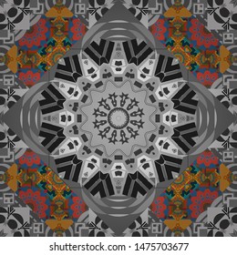 Abstract geometric squares with round symmetry. Vector seamless pattern with rhombus and tiles. Vintage decorative repainting art with ethnic motifs in orange, blue and gray colors.