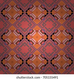 Abstract geometric squares with round symmetry. Vintage decorative repainting art with ethnic motifs in red, brown and pink colors. Vector seamless pattern with rhombus and tiles.