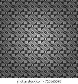 Abstract geometric squares with round symmetry. Vector seamless pattern with rhombus and tiles. Vintage decorative repainting art with ethnic motifs in white and black colors.