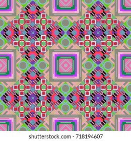 Abstract geometric squares with round symmetry. Vector seamless pattern with rhombus and tiles. Vintage decorative repainting art with boho chic style and ethnic motifs in green, neutral, pink colors.