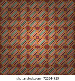 Abstract geometric squares with round symmetry. Vector seamless pattern with rhombus and tiles. Vintage decorative repainting art with boho chic style and ethnic motifs in orange, red and beige colors
