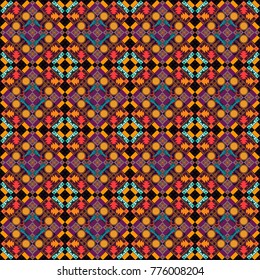 Abstract geometric squares with round symmetry. Vector seamless pattern with rhombus and tiles. Vintage decorative repainting art with ethnic motifs in purple, brown and orange colors.