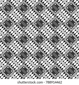 Abstract geometric squares with round symmetry. Vector seamless pattern with rhombus and tiles. Vintage decorative repainting art with boho chic style and ethnic motifs in black, white and gray colors