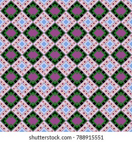 Abstract geometric squares with round symmetry. Vector seamless pattern with rhombus and tiles. Vintage decorative repainting art with ethnic motifs in purple, green and violet colors.