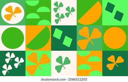 Abstract geometric St. Patrick's Day pattern with shamrocks, green and orange shapes. Modern Irish holiday background for festive design and decoration