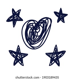 Abstract geometric star and heart shapes in doodle or scribble style as a decorative element for contemporary trendy design. Isolated black silhouette, vector illustration.