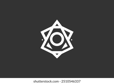 Logotipo de estrela geométrica abstrata com centro circular sobre fundo escuro