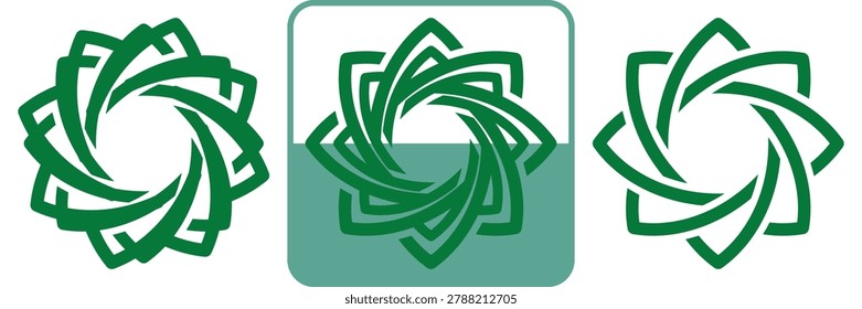 Abstract geometric star vector logo icon set with overlapping green lines. Circular flower mandala symbol for corporate branding, finance, and sustainability.