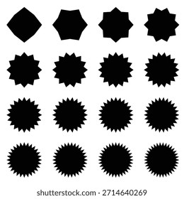 Vector geométrico Abstractas de Formas starburst en color negro. Símbolos de ráfaga puntiaguda modernos dispuestos en un diseño de cuadrícula limpio. Ideal para insignias, rótulos, logotipos, pegatinas, Anuncios y carteles.