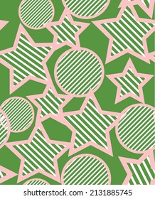Abstract Geometric Stars Circles Diagonal Stripes Seamless Pattern Minimal Linear Striped Design Bright Green Pastel Pink Tones