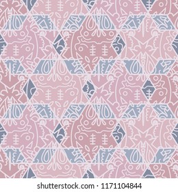Abstract geometric stars, diamonds and hexagons  seamless repeat pattern background with an ornamental damask overlay.  Perfect for fabric, home decor, wallpaper, paper goods , backgrounds.