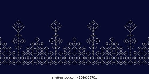 Abstract geometric stitch line shape motif pattern outline flowers continuous background. Ethnic floral geometrical ornament embroidered fabric design. Ladies dress textile swatch all over print block