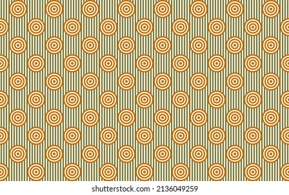 Abstract geometric stripe and circle overlay seamless pattern. Olive green-yellow element on light background. Optical illusion African theme background. For cloth scarf fabric apparel textile garment Arkivvektor