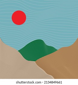 Abstract geometric stripe line  vector of landscape with mountain blue sky and red sun, an environment and climate change wallpaper