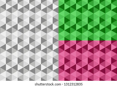 Abstract geometric striped hexagonal seamless pattern in light gray, green and red variants. Vector illustration