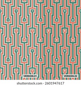 Abstract geometric striped motif with a retro maze design of green and orange lines on a white background. Seamless repeating pattern. Decorative vector illustration.