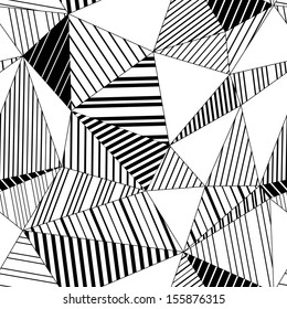 Abstract geometric striped triangles seamless pattern in black and white, vector
