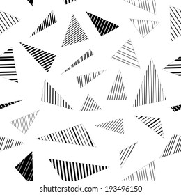 Abstract geometric striped triangles seamless pattern in black and white, vector
