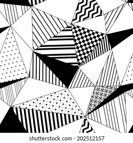 Triángulos de rayas geométricas abstractas sin fisuras en blanco y negro, vectorial
