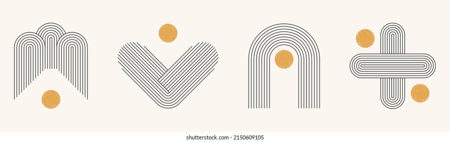 Abstract Geometric Stripy Pattern With Balance Shapes. Abstract Arch, Moon, Earth Vector Clip Art