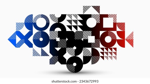 Abstract geometric stripy vector background, linear shapes of circles and triangles pattern composition, red and blue creative art abstraction.