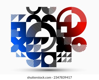 Abstract geometric stripy vector background, linear shapes of circles and triangles pattern composition, red and blue creative art abstraction.