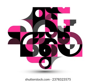 Abstract geometric stripy vector background isolated, linear shapes of circles and triangles pattern composition, creative art abstraction.