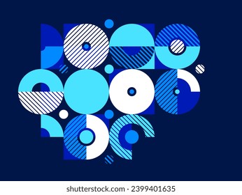 Abstract geometric stripy vector background over dark, linear shapes of circles and triangles pattern composition, creative art abstraction.