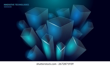 Abstract geometric structures illustration. Glowing lines create futuristic shapes modern style. Technology business science design presentation background. Dark blue gradient minimalist vector