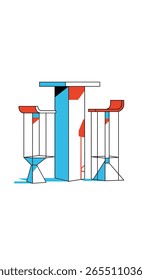 Abstract geometric structures with red and blue accents illustrating modern architectural concepts and design