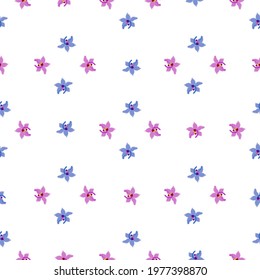 Abstract geometric style isolated seamless pattern with blue and pink orchid flowers print. White background. Designed for fabric design, textile print, wrapping, cover. Vector illustration.