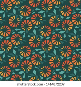 Abstract geometric style orange seamless pattern in vintage 60s style. Minimal retro vibes summer ripe fruite repeatable motif for wrap, textile, background. Cute minimal rapport. Vector illustration.