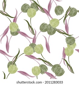 Abstract geometric style seamless isolated pattern with green and purple colored tulip buds shapes. Flat vector print for textile, fabric, giftwrap, wallpapers. Endless illustration.