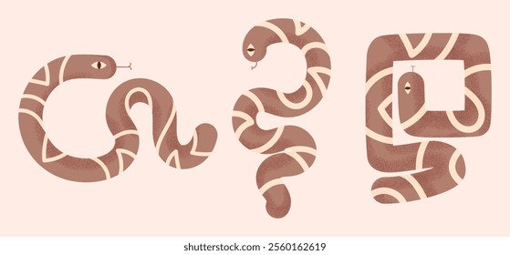 Abstract geometric stylized Snakes set. Snakes collection design elements in modern simplified style. Snake sign, emblem logo, element, decor. Vector illustration