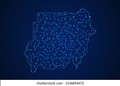 Abstract geometric of Sudan map polygonal line, structure and point scales on blue dark background with lights and dots. Vector illustration eps 10.