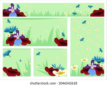 Abstract geometric summer background on various forms of banners for social networks. Red poppies, blue asters, white daisies, blue orchids juicy grass on a green background texture for wallpaper, sit