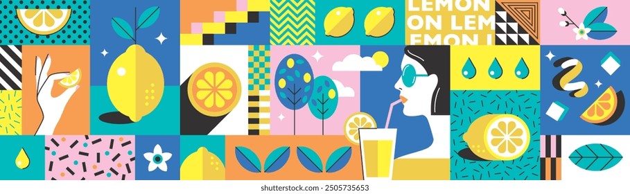 Abstract geometric summer background.Organic cafe.Citrus flavor.Modern vector illustration with girl drinking fresh juice, lemons, fruit slices, leaves.Memphis style design.Set of flat simple icons.