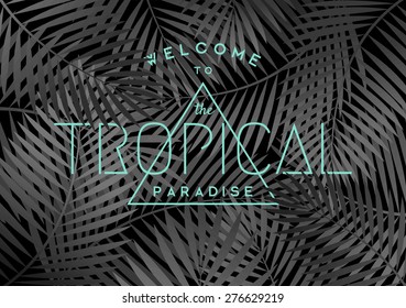 Abstract geometric summer design in neon blue on a black and white palm tree leaves background. Modern hipster style line art. Apparel, poster, brochure, t-shirt design.