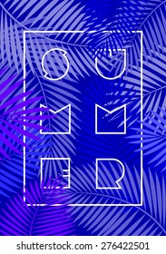 Abstract geometric summer design on a colorful blue and purple palm tree leaves background. Modern hipster style line art. Apparel, poster, brochure, t-shirt design.