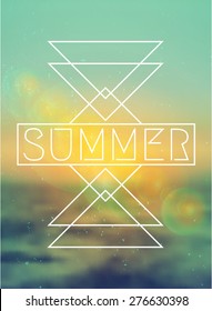 Abstract geometric summer design on a blurred sunset background. Modern hipster apparel, poster, brochure, t-shirt design. EPS 10 file, gradient mesh and transparency effects used.